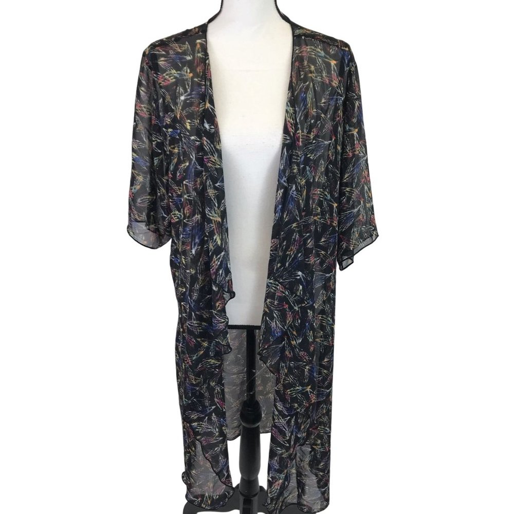 NWT LulaRoe Black Multi Feather Print Semi Sheer Open Front Cardigan Size M